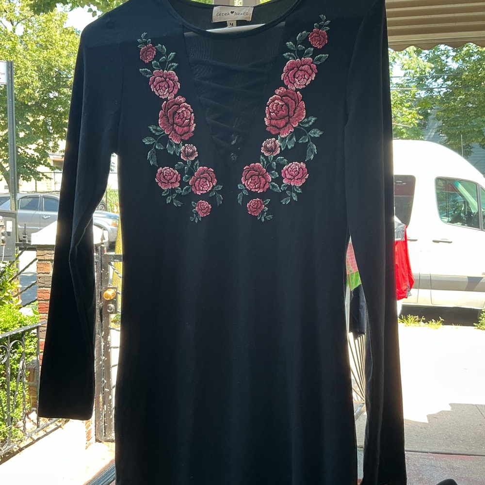 Derek Heart Black Dress with Pink Floral Design